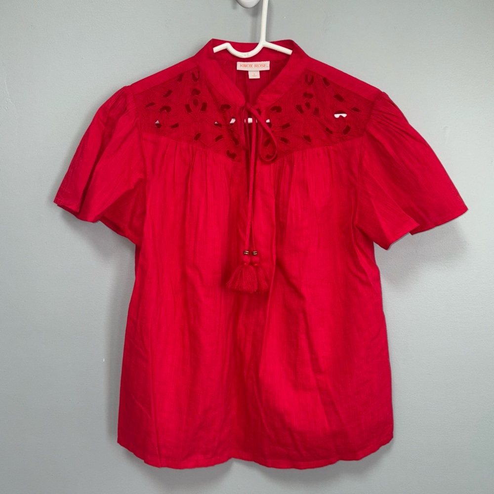 Knox Rose Red Short Sleeve Cotton Blend Blouse Shirt Top Tassle Tie Accent Small